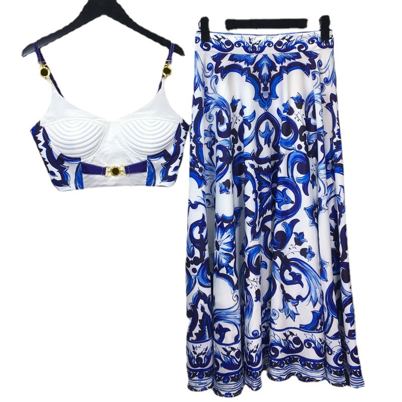 Suspender Tank Top - Letni Bohemain niebiesko-biały porcelanowy zestaw 2-częściowy